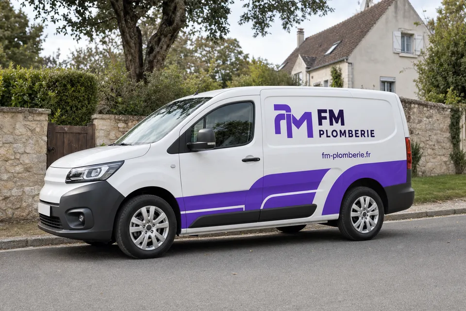 Camionnette FM Plomberie garée dans une rue pavillonnaire de Saint-Prix, Val-d'Oise