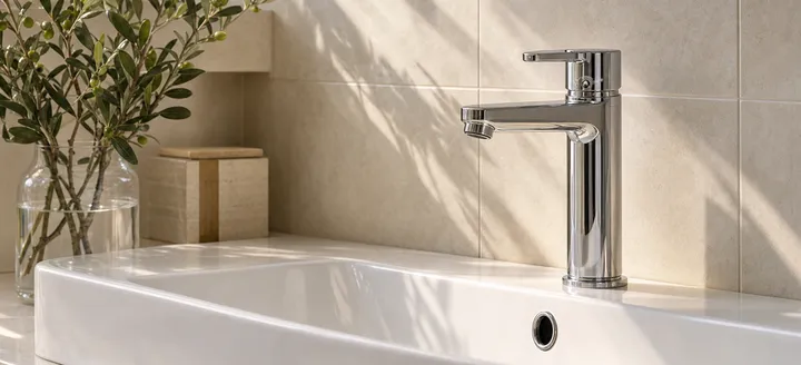 Mitigeur chromé sur un lavabo de salle de bain remis en état